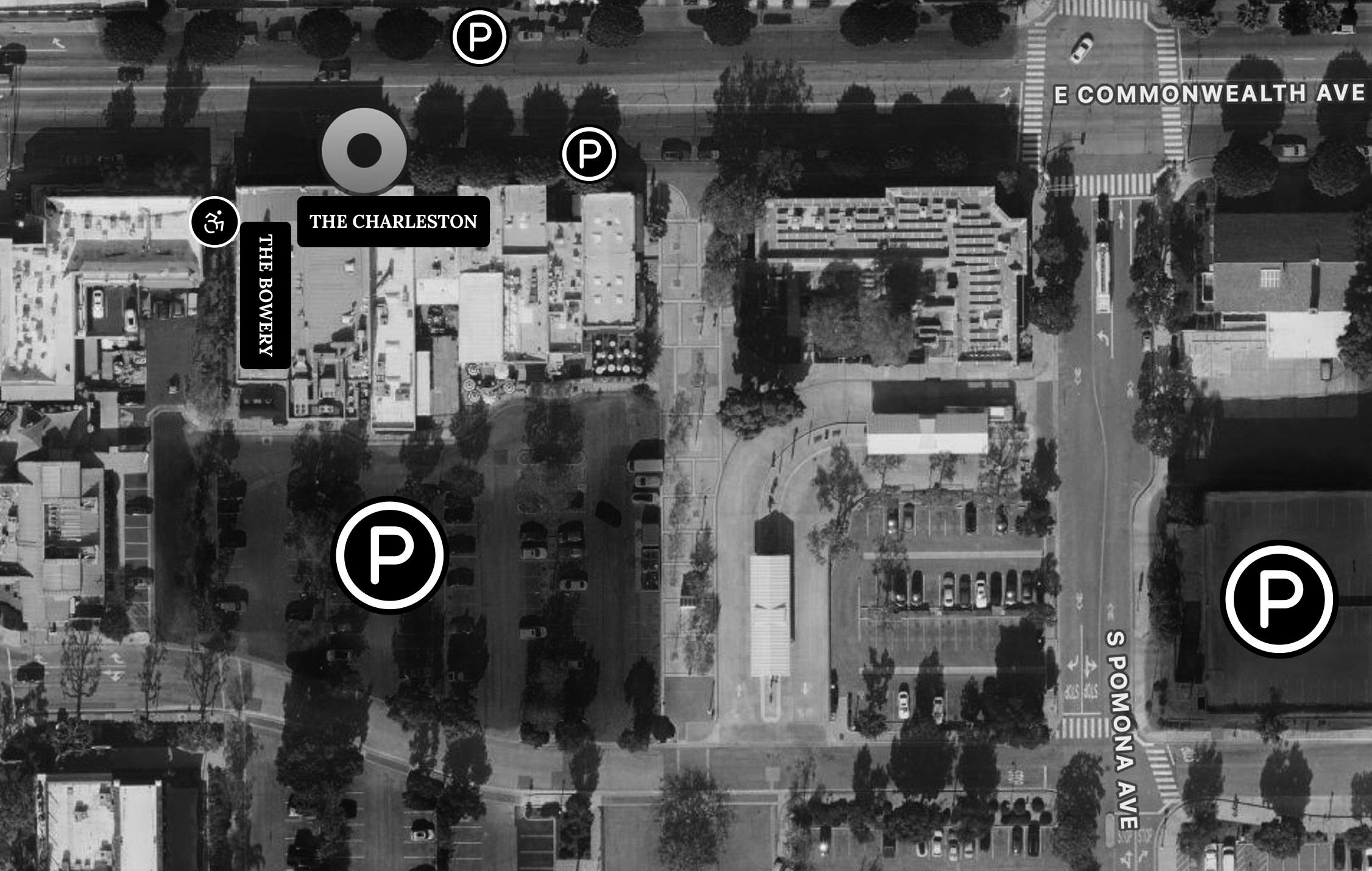 Map showing The Charleston location, parking areas, and entrance on Commonwealth Ave.